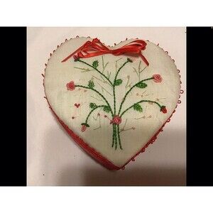 Heart Box Rosebuds Flower Embroidered White Red 5x5 Wooden Vintage Valentine
